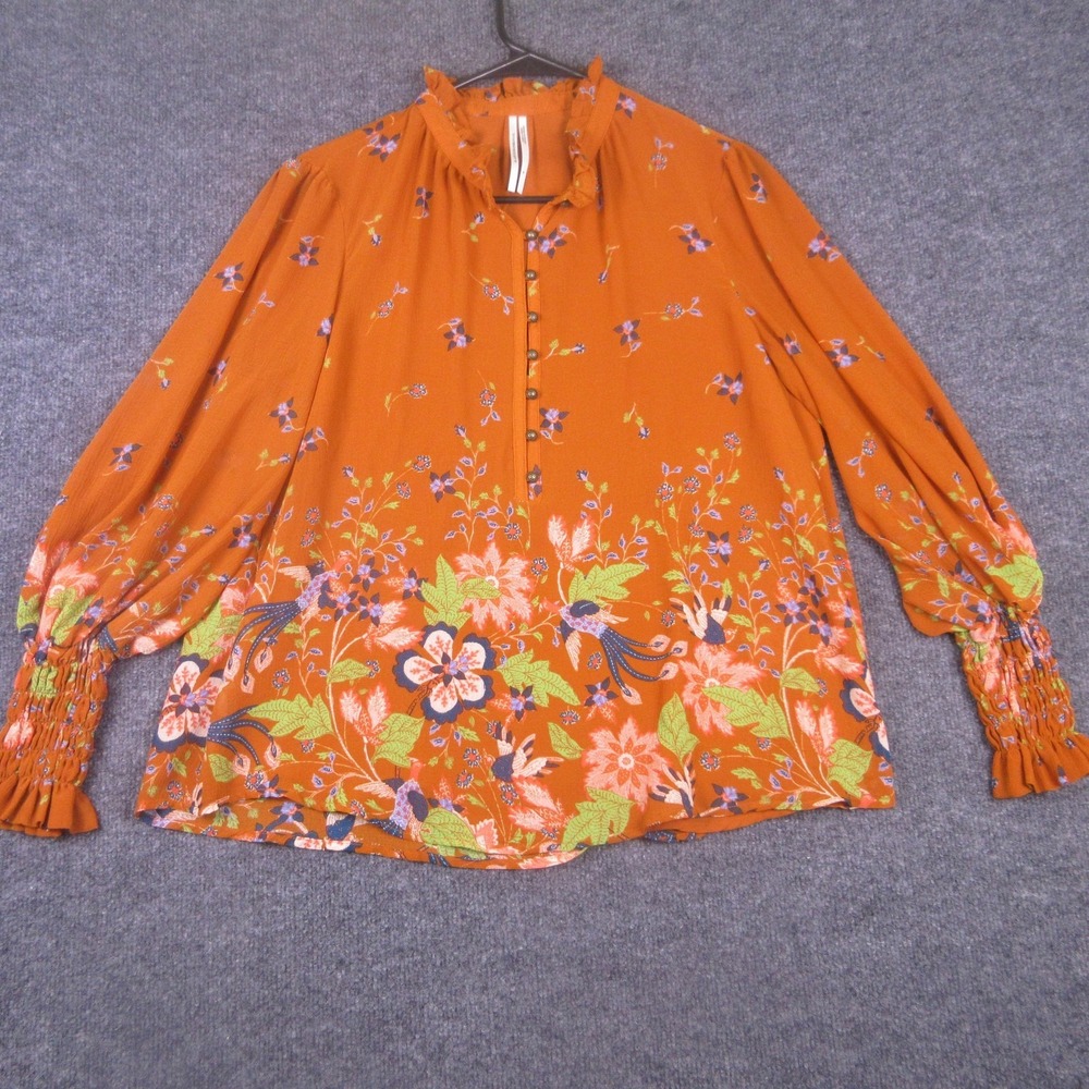 Anthropologie Blouse Womens Medium Orange Floral Mock Neck Long Sleeve Boho